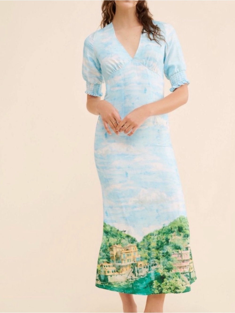 Never Fully Dressed Scenic Landscape Light Blue Midi Dress